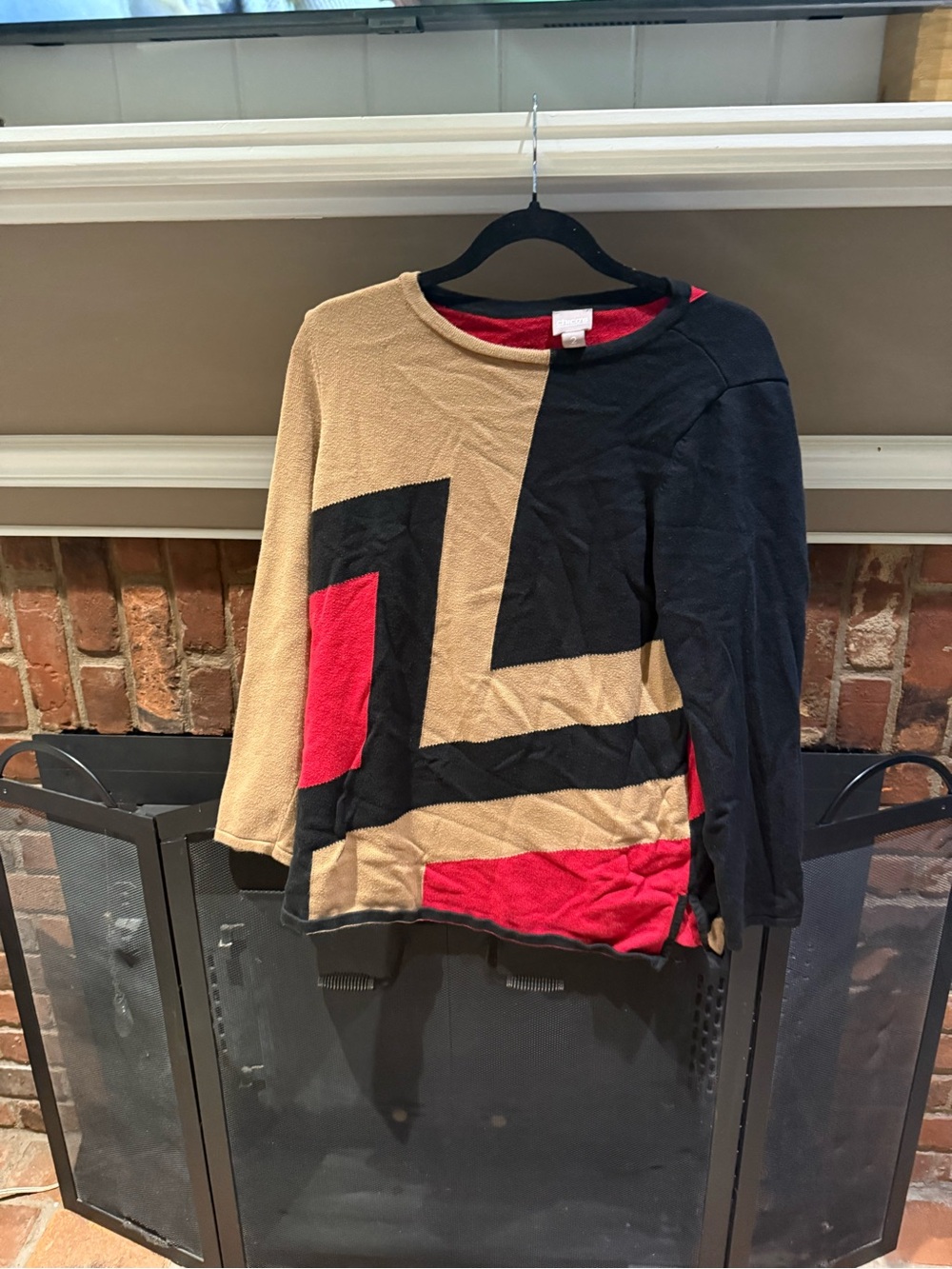 Chico's Geometric Colorblock Sweater Red Tan Black Size 2 (L)